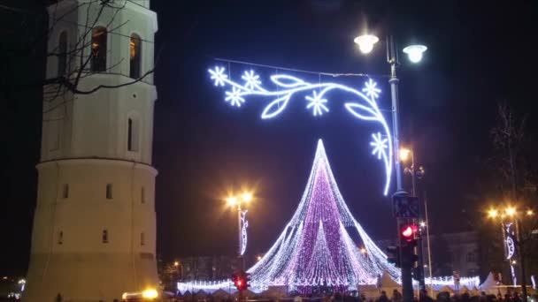 Tijdsverloop Van Vilnius Klokkentoren Kerstboom — Stockvideo