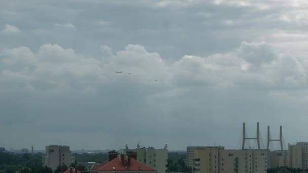 Wide Shot Government Airplane Escorted Military Jet Flying Warsaw City — Stock Video