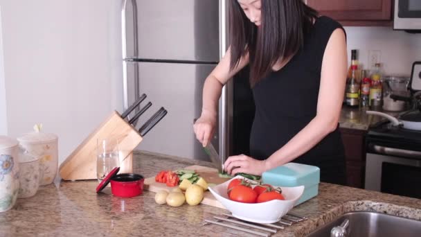 Young Pregnant Educated Asian Phd Cutting Vegetables View Part Face — Stock Video