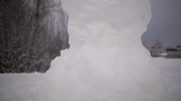 雪人在寒冷的背景下与树木和建筑物紧密相连 积雪的背景是浅浅的田野 — 图库视频影像