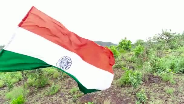 Красивый Трехцветный Флаг Развевающийся Вершине Горы — стоковое видео