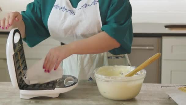 Greasing Waffle Maker Con Toalla Papel — Vídeo de stock