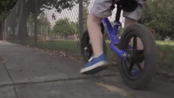 Bajo Ángulo Niño Montando Una Bicicleta Equilibrio Azul Largo Una — Vídeo de stock