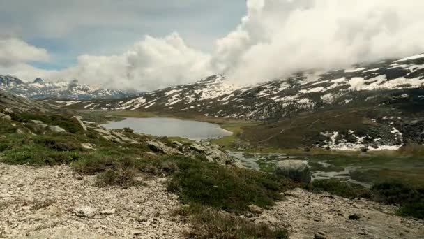 Timelapse Beautiful Little Lake Mountains Clouds Sky Snow Mountains — стоковое видео