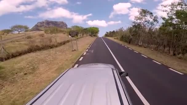 ピックアップトラックの後ろに立ちながら40マイルに達する道路を運転 両側の木と日当たりの良いシーン 頭の上に取り付けられたゴプロに撃たれた — ストック動画