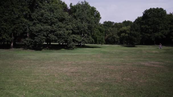 Een Man Zijn Fiets Verte Door Een Grasveld Met Bomen — Stockvideo