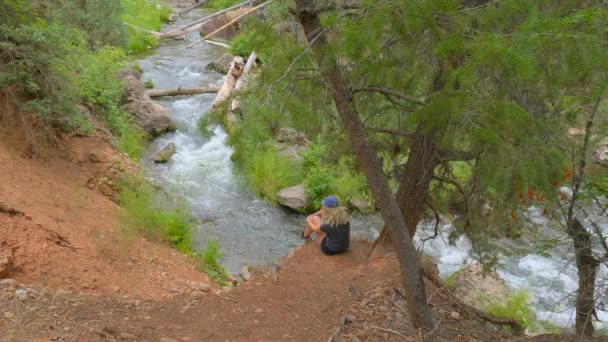Büyüleyici Küçük Bir Nehrin Yanında Oturan Kız Yeşil Doğada Akıyor — Stok video