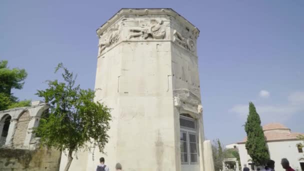 Tourist Walk Tower Winds Ruins Roman Agora Athens Greece Camera — Stock Video