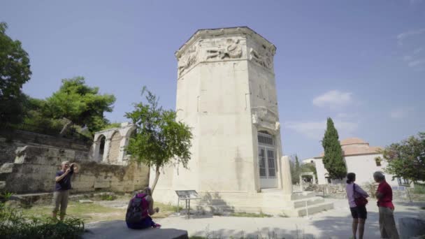 Tower Winds Romeinse Agora Athene Griekenland Met Toeristen Rond Wide — Stockvideo