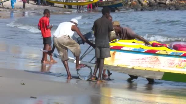 Fishers Coming Out Water Colorful Dugout Next Soumbedioune Fish Market — Stock Video