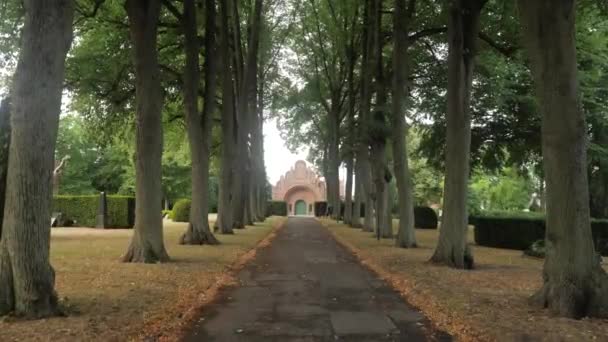 Dolly Shot Alei Wyłożonej Drzewem Kaplicą Roskilde Dania — Wideo stockowe