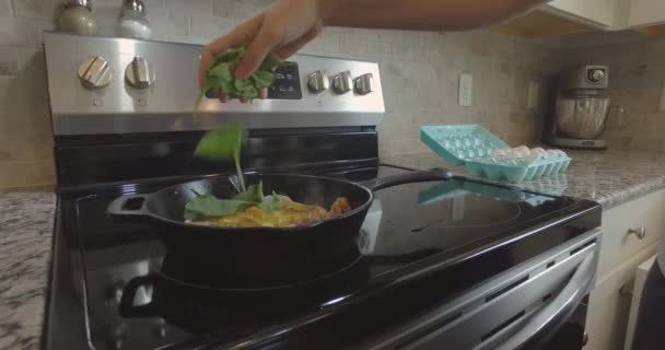 Einer Gusseisernen Pfanne Mit Der Hand Spinatblätter Auf Heißes Omelett — Stockvideo