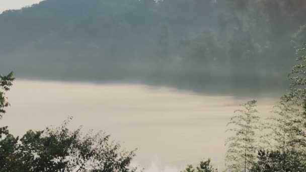 Tiro Estático Niebla Que Levanta Sobre Lago Día Soleado — Vídeos de Stock
