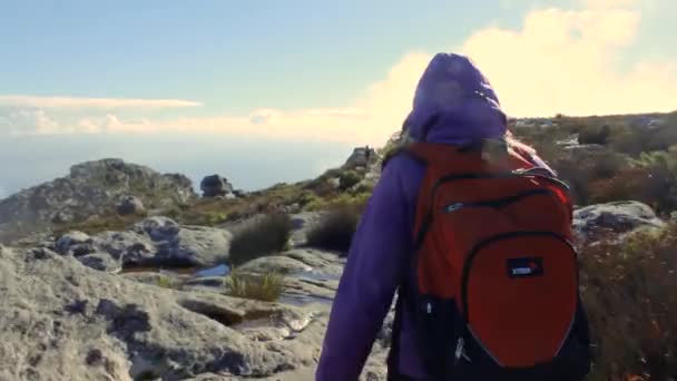 Câmera Seguindo Uma Mulher Andando Uma Trilha Montanha Mesa — Vídeo de Stock