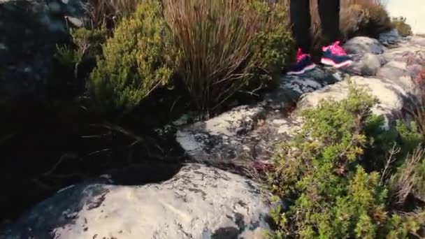 Cámara Siguiendo Paso Una Mujer Caminando Por Sendero Montaña Mesa — Vídeo de stock