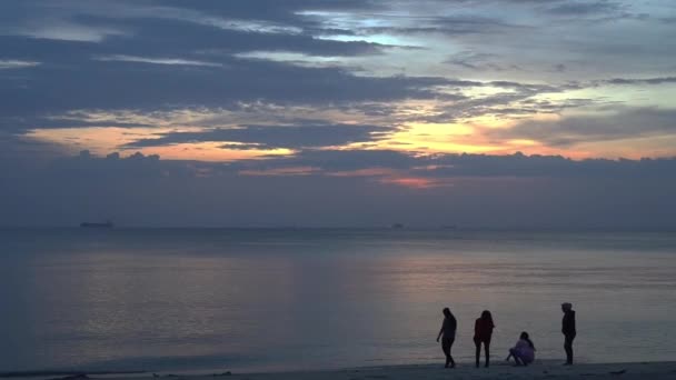 日落时在海滩上自投罗网的女孩 — 图库视频影像
