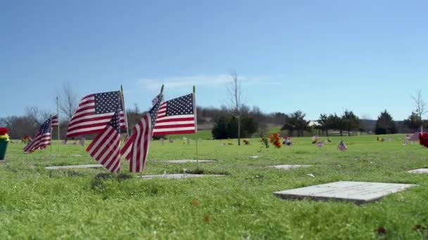 Slider Výstřel Hrobu Americkými Vlajkami Hřbitově — Stock video