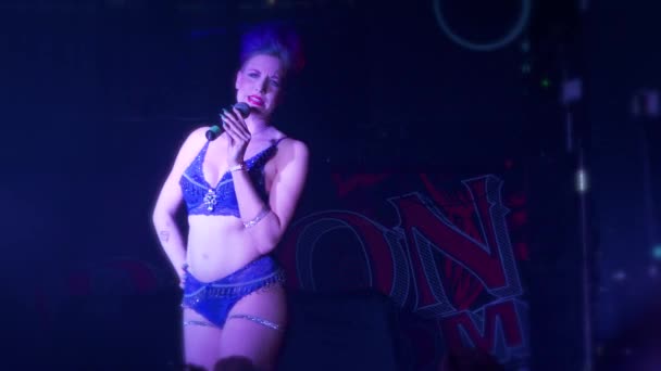 Sexy Burlesque Hostess Stage Lingerie Addressing Audience Acting Coy — Stock Video