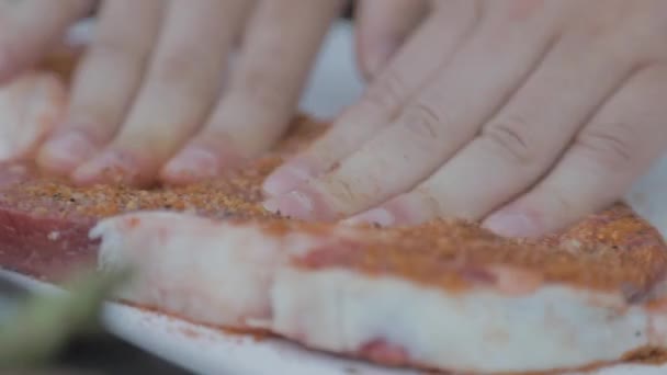 Squishing Spice Rub Steak — Stock Video