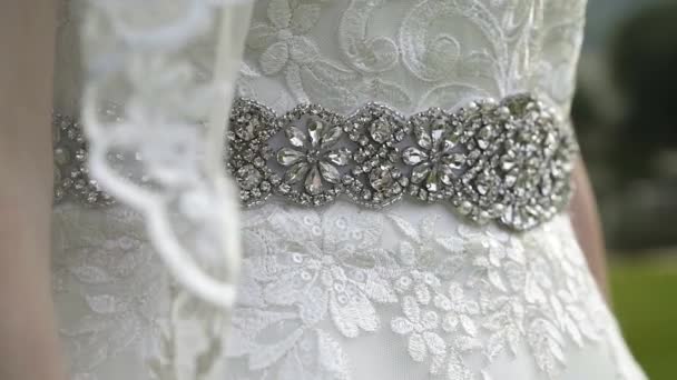 Närbild Ett Silverelegant Bälte Bruds Bröllopsklänning — Stockvideo