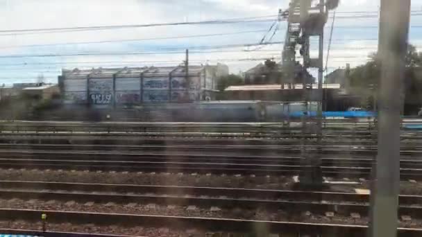 Train Passing Railroad Scenery — Stock Video