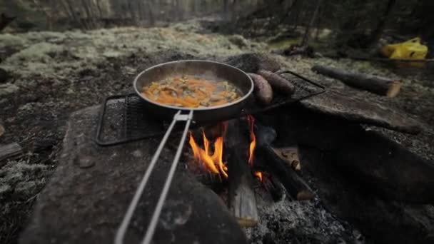 Μαγείρεμα Λαχανικών Πάνω Από Φωτιά Στο Δάσος — Αρχείο Βίντεο