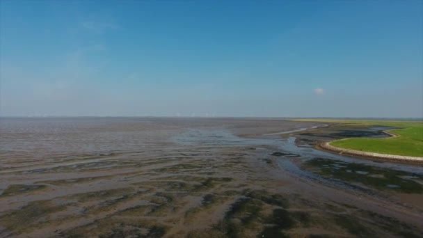 Aerial Wandeltocht Naar Halling Oland Waddenzee Een Zonnige Dag — Stockvideo