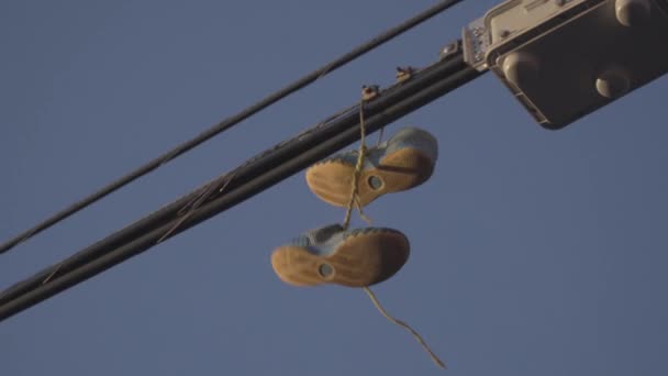 Sportschuhe Hängen Philadelphia Stromleitungen — Stockvideo