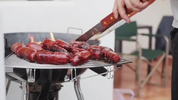 Low Angle Shot Mexican Grill Sausages Chorizo Being Turned Bbq — Stock video