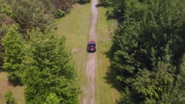 Luftaufnahme Eines Roten Geländewagens Der Von Der Straße Einen Wald — Stockvideo