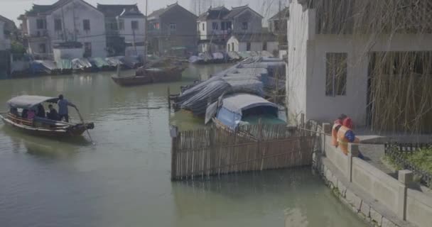 Una Donna Che Rema Una Barca Attraverso Zhujiajiao — Video Stock