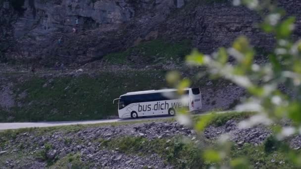 Coach Bus Volvo Passing Mountain Scenery Loser Altaussee Austria — стокове відео