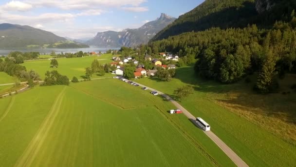 Aerial View Coach Bus Mountain Scenery Drachenwand Mondsee Austria Drone — Stock Video