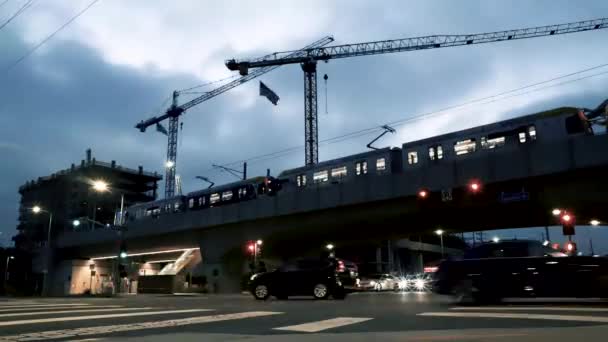 Urban Time Lapse Night Construction Cranes Looming — Stock Video