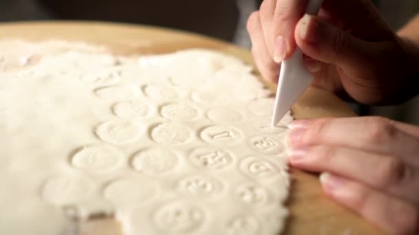 Delicate Woman Hands Cutting Letters Out Sugar Marzipan Fondant Icing — Stock Video