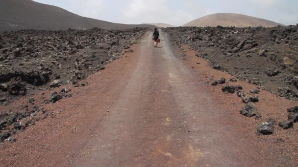 Woman Vintage Travel Suitcase Walks Volcanic Desert Road — Stock Video