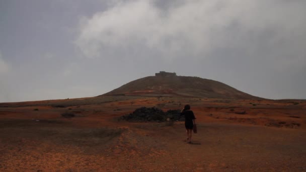 Жінка Старовинною Подорожньою Валіза Йде Пустельному Дикому Вулканічному Ландшафту Плато — стокове відео
