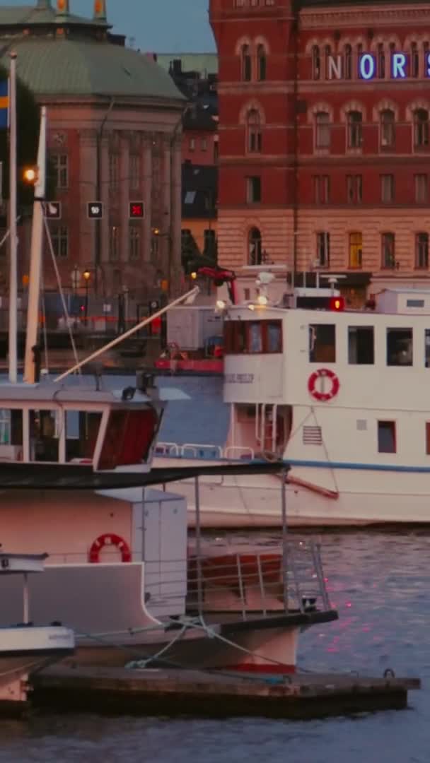 Ferry Trazendo Passageiros Para Costa Estocolmo Suécia Vertical — Vídeo de Stock