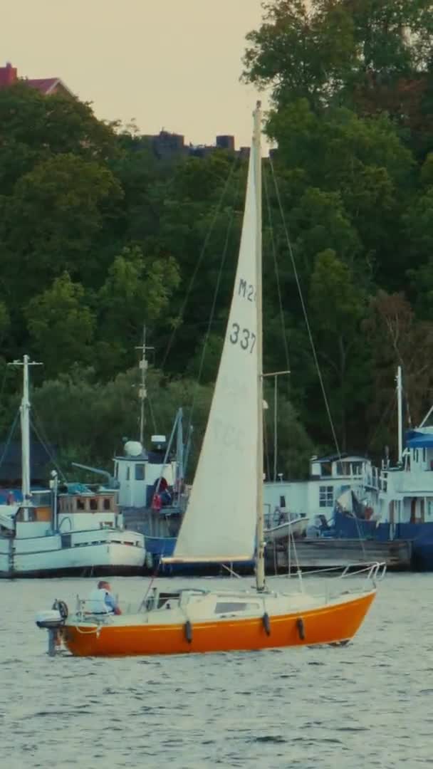 Férfi Vitorlás Narancs Hajó Stockholm Bay — Stock videók