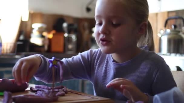 Close Beelden Van Een Jong Vijf Jaar Oud Meisje Spelen — Stockvideo