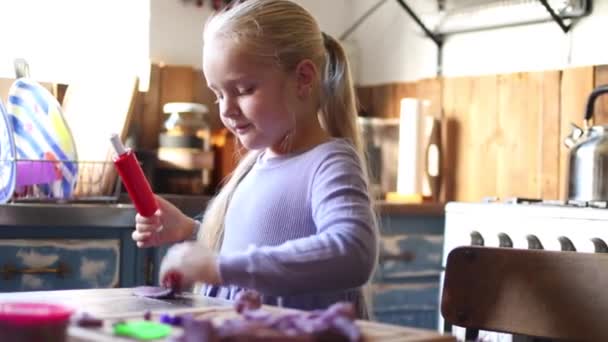 Közelkép Egy Fiatal Ötéves Lányról Aki Agyaggal Játszik Annak Háznak — Stock videók