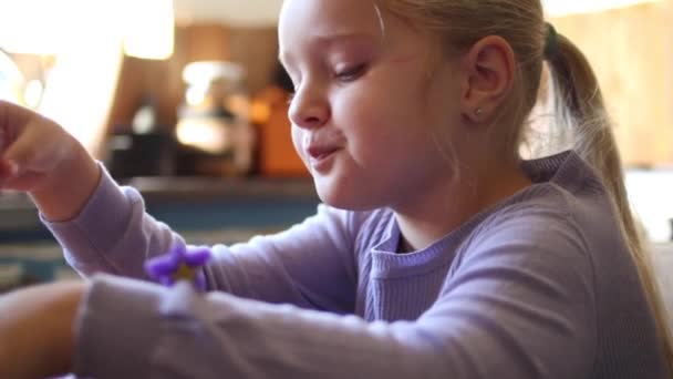 Close Beelden Van Een Jong Vijf Jaar Oud Meisje Spelen — Stockvideo