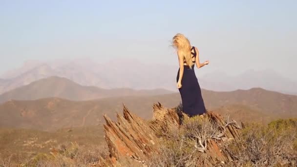 Piękna Blondynka Model Cieszący Się Wspaniałe Krajobrazy Podczas Podróży — Wideo stockowe