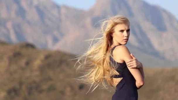 Schöne Blonde Weibliche Modell Genießen Atemberaubende Landschaft Während Der Reise — Stockvideo