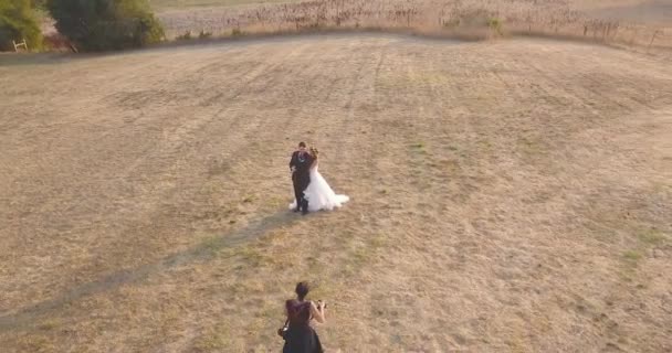 Zdjęcie Lotu Drona Świeżo Ślubie Podczas Sesji Zdjęciowej Otwartym Polu — Wideo stockowe
