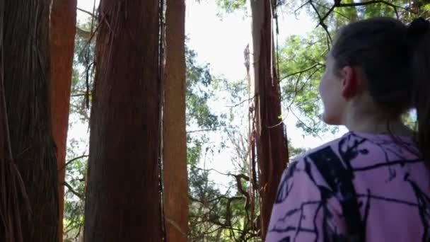 Uśmiechnięta Dziewczyna Lesie Jako Aparat Patelni Wokół Zbliżenie — Wideo stockowe
