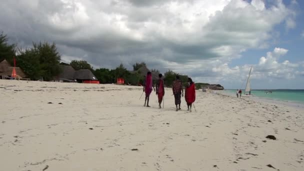 Maasai Men Walking Away Beach Zanzibar Tanzania — Stock Video