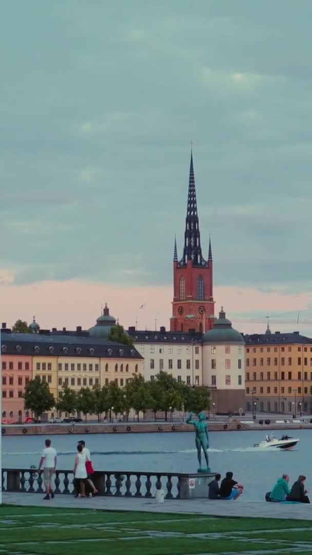 Stockholmská Vlajka Vlála Větru Při Západu Slunce — Stock video