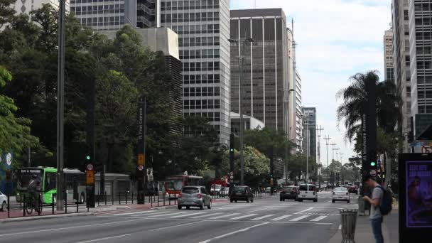 Verkeer Passeert Camera Het Centrum Van Sao Paulo — Stockvideo