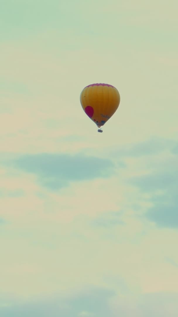 Bunter Heißluftballon Schwebt Wolkenverhangenen Himmel Vertical — Stockvideo